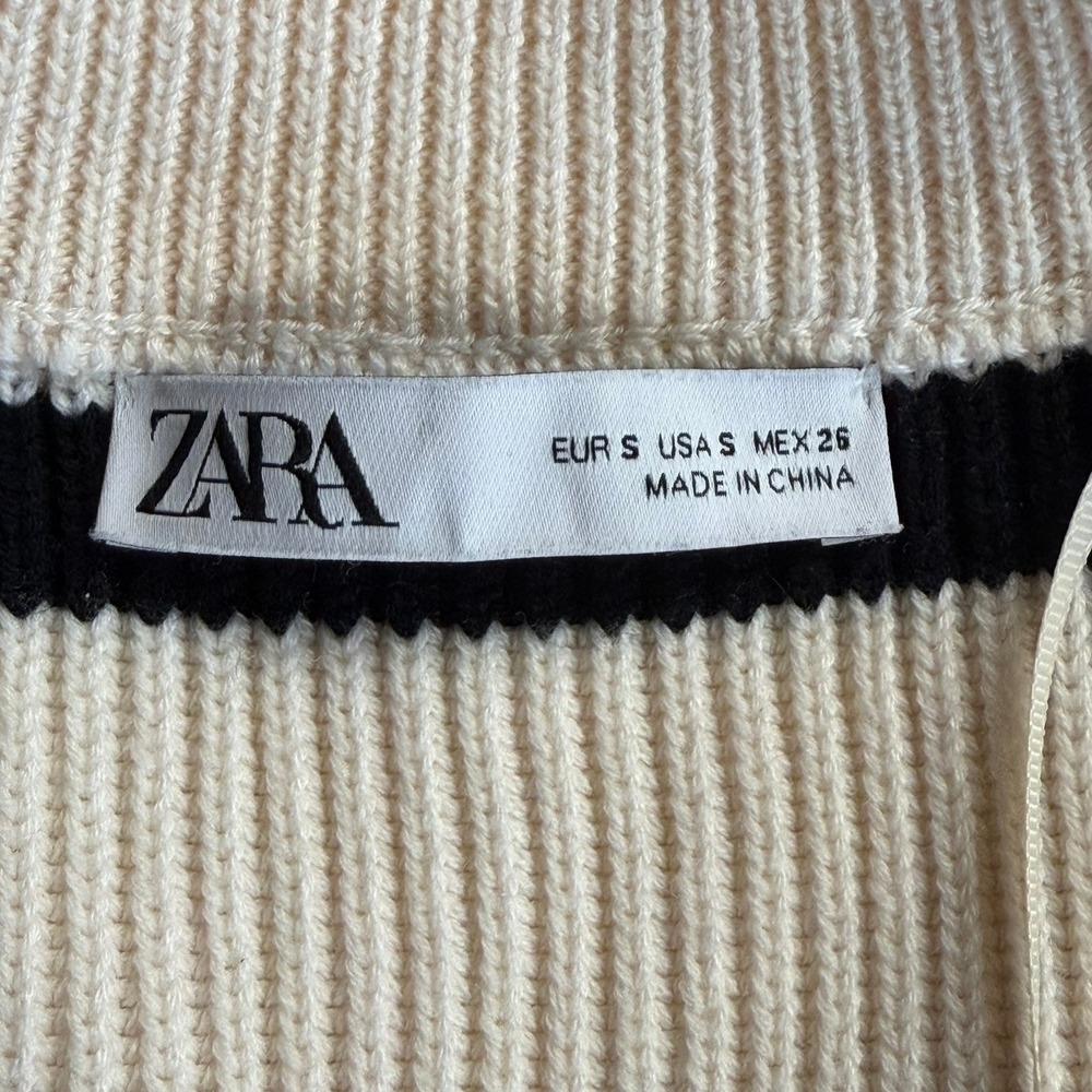 Zara Knit V-Neck Black Cream Striped Sweater Size Small - Picture 6 of 10